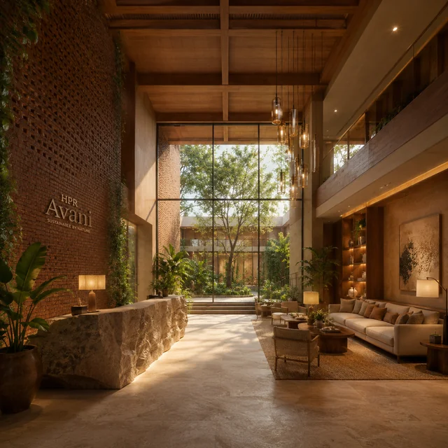 HPR Avani 15,000 sqft clubhouse exterior with brick-clad facade HPR Avani 15,000 sqft clubhouse exterior with brick-clad facade
