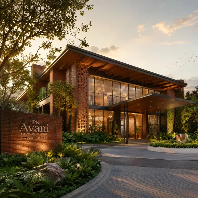 HPR Avani villa front elevation showing brick-clad facade HPR Avani villa front elevation showing brick-clad facade
