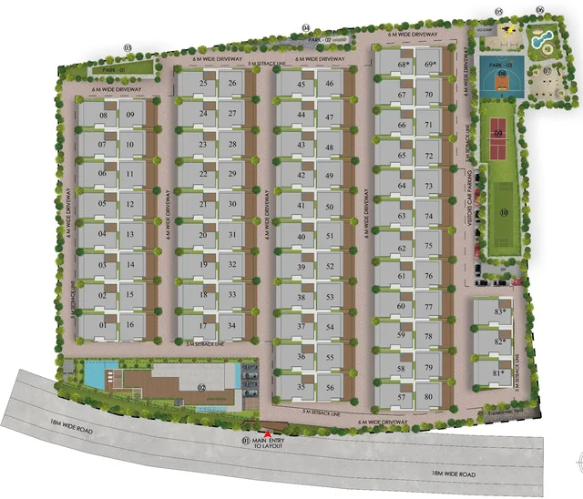 HPR Avani master plan showing 83 row villas and central clubhouse precinct
